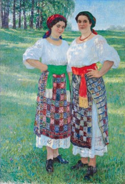 two boys singing Painting - two women in latgalian dress Nikolay Bogdanov Belsky